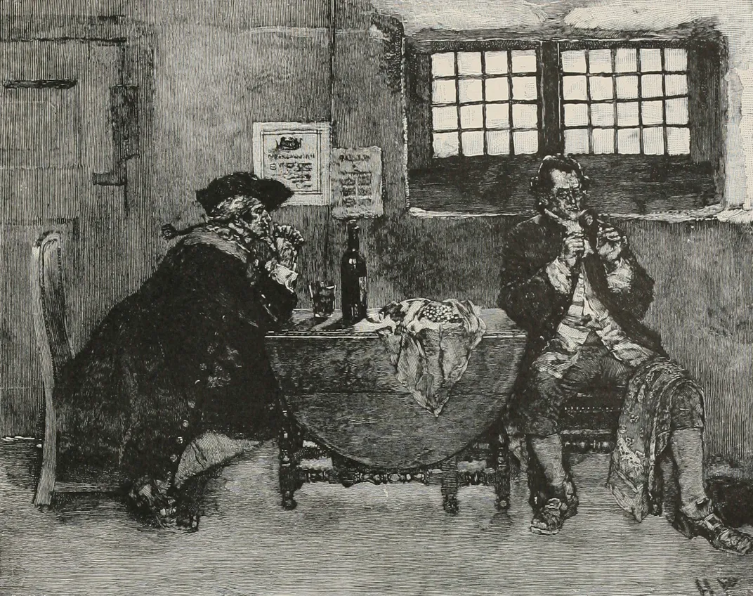 תחריט משנת 1887, הנרי אייברי מוכר את תכשיטיו בעקבות בריחתו מהרשויות.