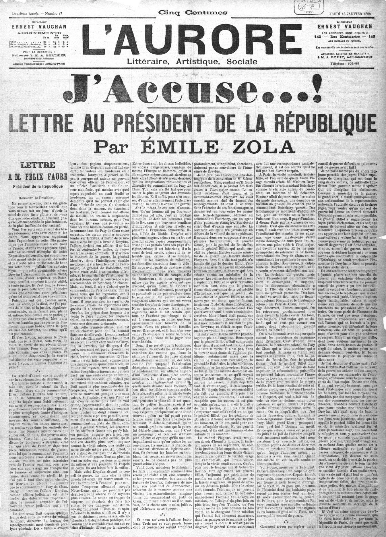 מאמר המערכת של אמיל זולא "אני מאשים". (Bibliothèque Nationale de France)