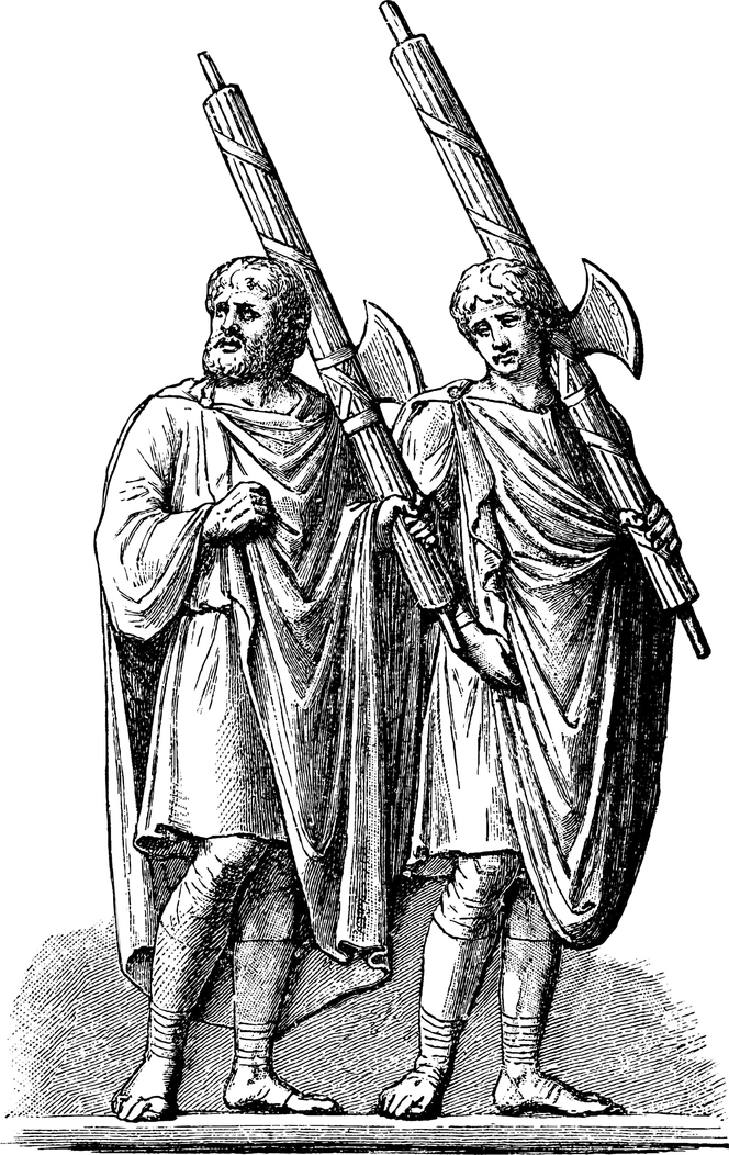 תמונה המציגה ליקְטוֹרִים (Lictores) רומאים עתיקים, שהיו עובדי מדינה ושומרי ראש שנלוו למגיסטראטים (כמו קונסולים או שליטים) ברומא העתיקה, כשהם נושאים את הפסקים (Fasces) – אֲמַרַת ענפים קשורים שבהמשכה גרזן, סמל מובהק לסמכות השיפוטית, לכוח ולשלטון של רומא. מדובר באיור/תחריט היסטורי (שמבוסס בין היתר על תבליטים עתיקים כמו עמוד מרקוס אורליוס) המציג את הלבוש הרומאי המסורתי (טוגה וסנדלים) ואת תפקידם כשומרי סדר וסמל לרשויות השלטון.