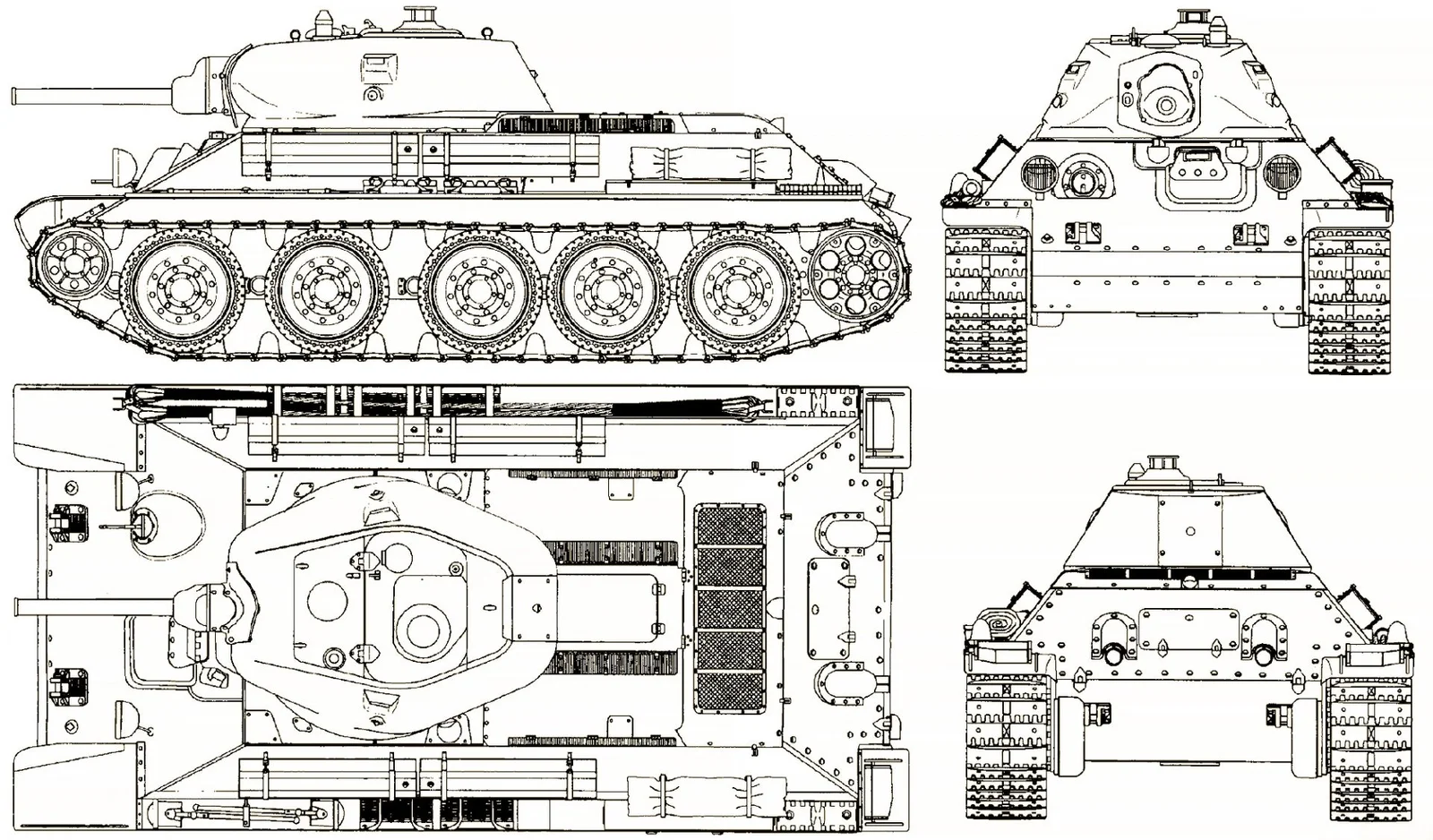 שרטוט טכני בשחור-לבן של טנק T-34 מזוויות מרובות המציג את הצריח, קנה התותח, הזחלים, הגוף, הצוהר, הפתחים, צינור הפליטה, האנטנה והמקלע שלו.