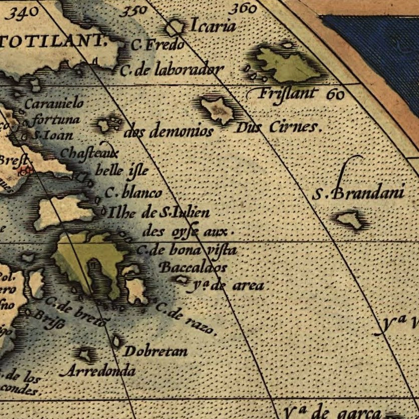 ושוב אברהם אורטליוס, אך הפעם חיבורו Theatrum Orbis Terrarum ("מחזה חוג תבל") — האטלס הגיאוגרפי הראשון מהסוג המודרני. בקטע זה ממפת צפון אמריקה ניתן לראות לא רק את אי השדים (dos demonios), אלא גם את ארצו של הקדוש ברנדן המוכרת לנו כבר (S. Brandani), וכן אי-רפאים נוסף — פריסלנד (Frislant), שהופעתו במפה נובעת ככל הנראה מטעויות של קרטוגרפים: זיהוי שגוי של מיקומו של אחד מאיי פארו או בלבול שלהם עם איסלנד.