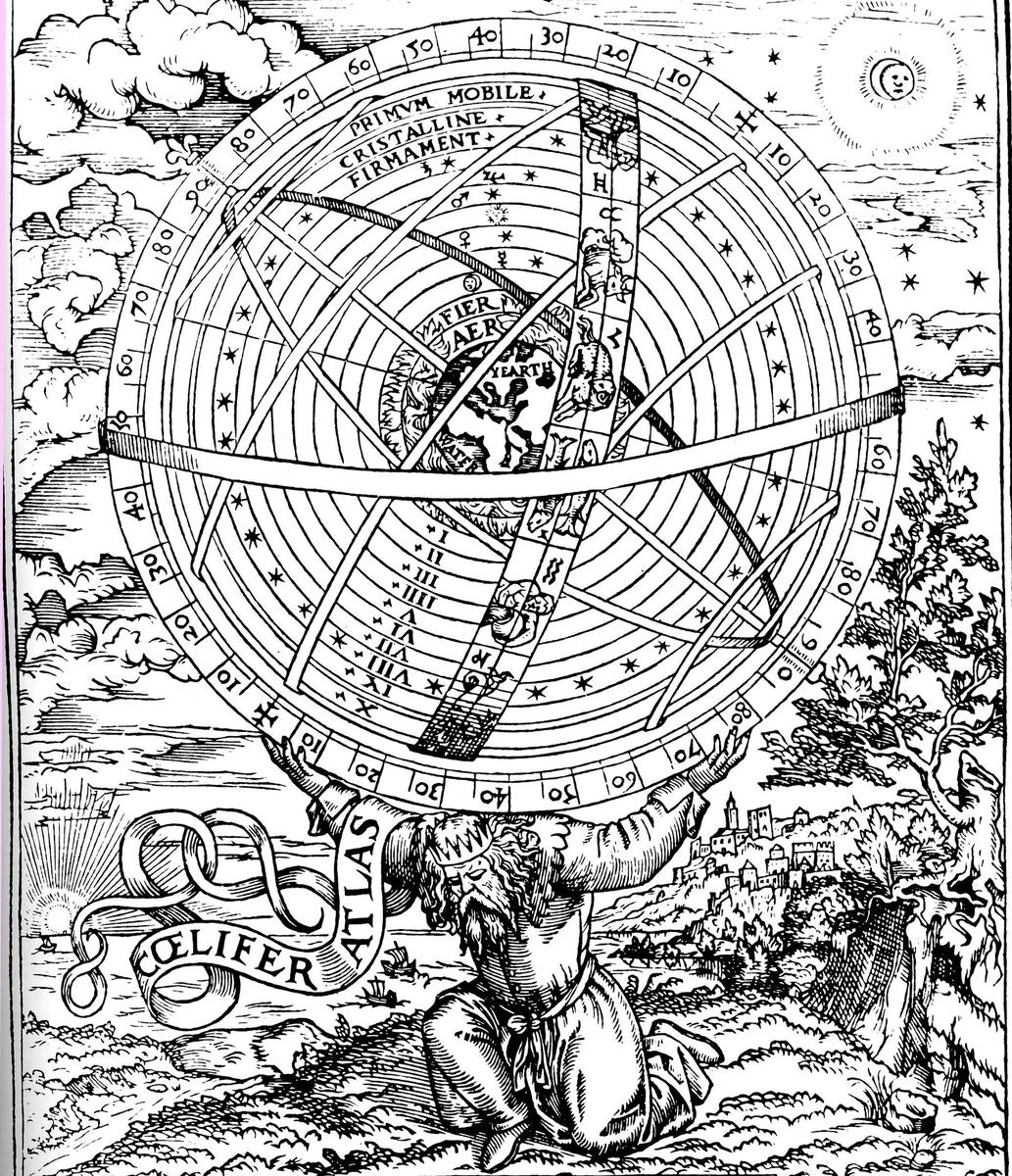תחריט מתוך "הזכוכית הקוסמולוגית" (1559) של ויליאם קנינגהם ממחיש את מודל היקום של תלמי. אטלס, המזוהה עם תלמי, מחזיק כדור ארמילירי על כתפיו, המייצג את היקום. במרכז הכדור נמצא כדור הארץ, שנוצר מיסודות האדמה והמים. מסביב לכדור הארץ שני כדורים המכילים את שני היסודות הנותרים - אוויר ואש. כוכבי הלכת והכוכבים ממוקמים על כדורים מסתובבים וקבועים אחרים. הכדור הנייד הראשוני, הכדור האחרון (האחד עשר) במערכת היקום של תלמי, ממוקם מעבר לספירת הכוכבים הקבועים ומעביר תנועה לכל שאר הכדורים. סימני גלגל המזלות ממוקמים לאחר מכן.