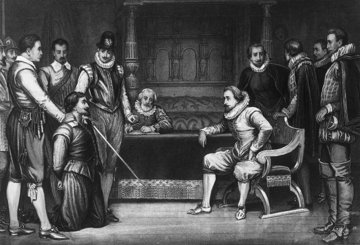 המלך ג'יימס הראשון (1566-1625) חוקר את גאי פוקס על חלקו במזימת אבק השריפה לפוצץ את הפרלמנט, 1605.
