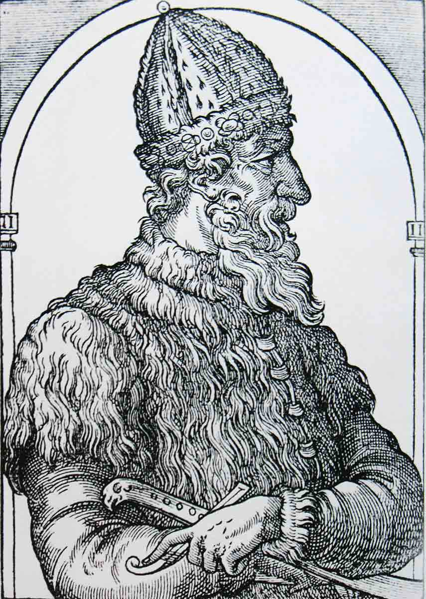 הדפס חיתוך עץ של הצאר איוואן השלישי. מאת André Thevet, 1575.