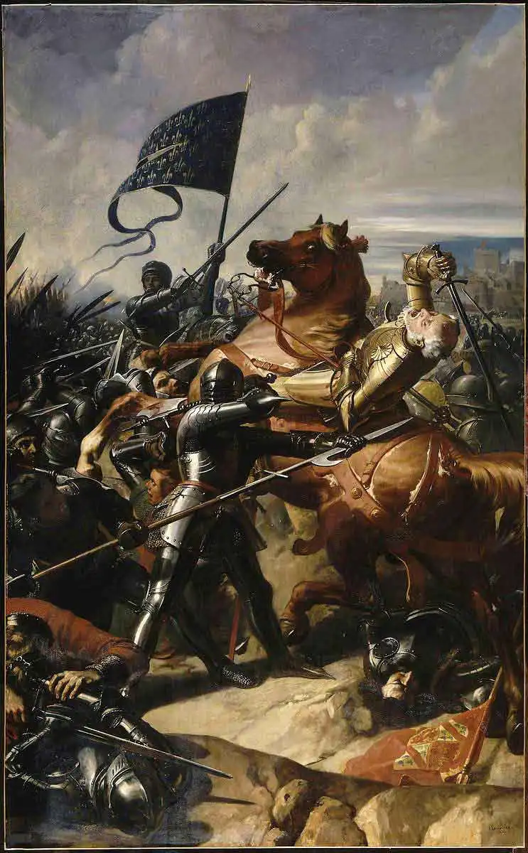 קרב קסטיון מאת צ'רלס-פיליפ לריוויר (1798–1876). האיור מתאר את מותו של המפקד האנגלי ג'ון טלבוט. מקור: neverfeltbetter.wordpress.com.