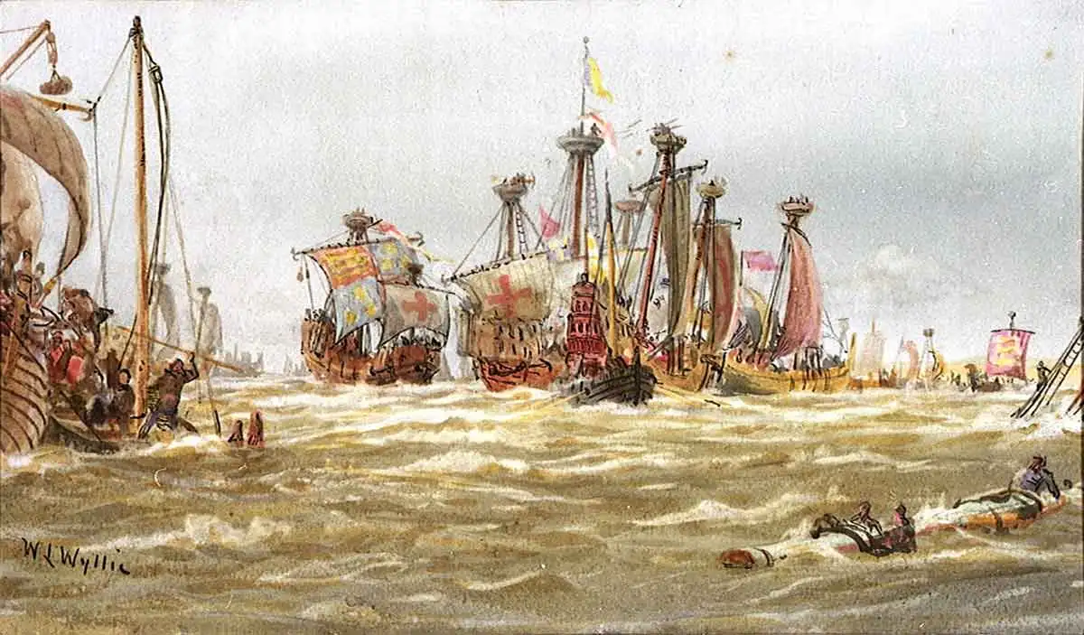 קרב סלייס (The Battle of Sluys), איור מאת ויליאם ליונל ווילי (Wyllie), מקור: Royal Museums Greenwich.