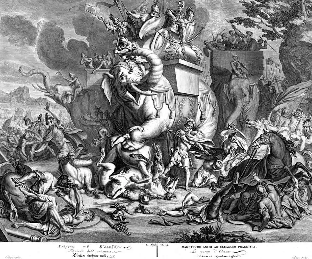 אלעזר מכבי מקריב את עצמו כדי להפיל את המלך, תחריט מאת יאן דה בראון מעיצובו של ברנרד פיקארט, 1673-1733, מקור: Merrimackvalleyhavurah.