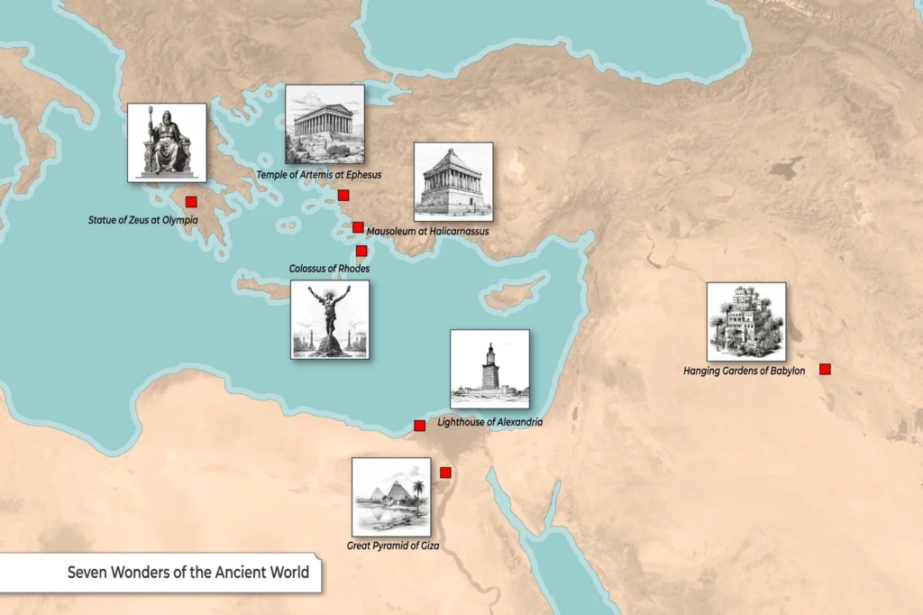 מפת שבעת פלאי העולם העתיק. מקור: TheCollector.com