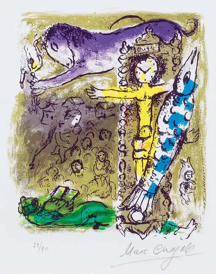 Le Christ a l'horloge (המושיע כשעון), מארק שאגאל, 1957. מקור: Masterworks Fine Art Gallery.