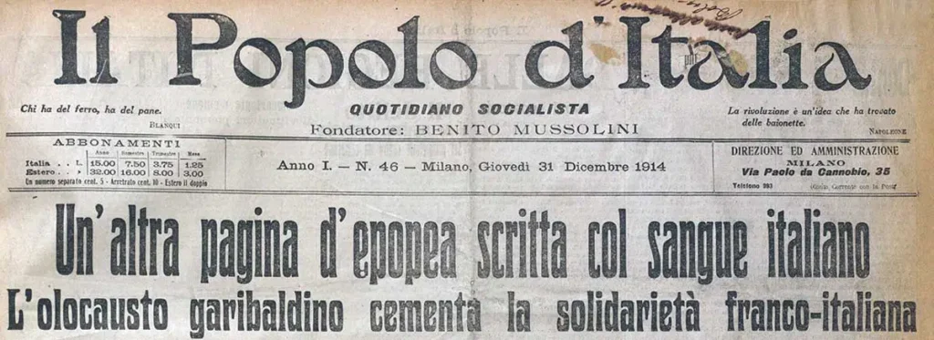 הכותרת הראשית של גיליון 31 בדצמבר 1914 של Il Popolo d'Italia, העיתון שייסד בניטו מוסוליני לאחר גירושו מהמפלגה הסוציאליסטית. מקור: Cultura Bologna.