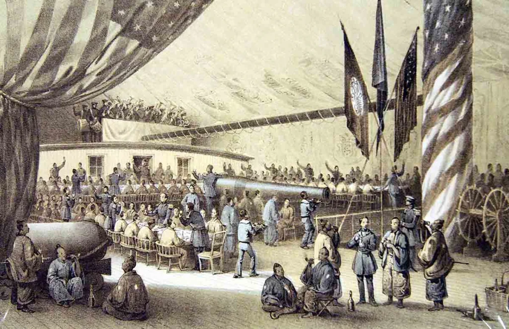 ארוחת ערב על סיפון ה-USS Powhatan במהלך ביקורו הראשון ביפן, 1853. מקור: nomunication.jp.