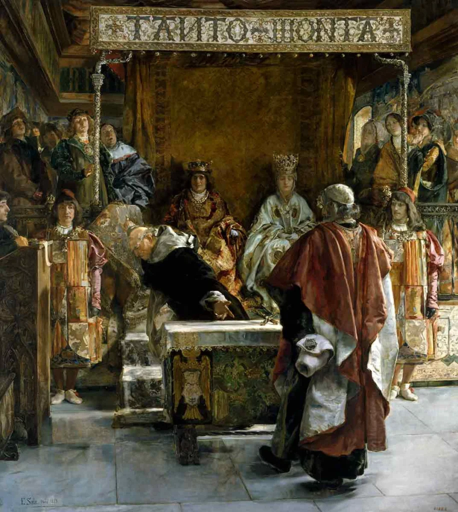 האינקוויזיטור הכללי האח תומאס דה טורקֶמָדָה בשנת 1492 מציע למונרכים הקתולים את צו הגירוש של היהודים מספרד לחתימתם, מאת אֶמיליוֹ סָאלָה אי פְרַנְסֶס, 1889. מקור: Museo del Prado.